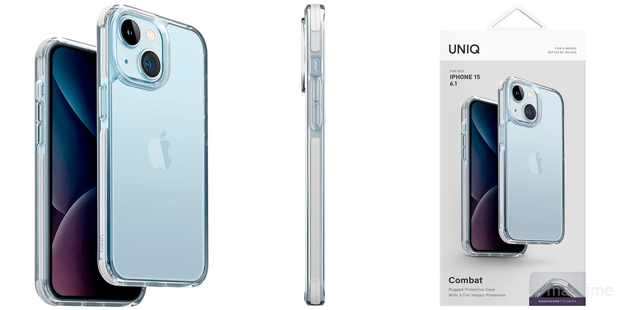 Стильный прозрачный чехол Uniq Combat для iPhone 15 с белыми рамками